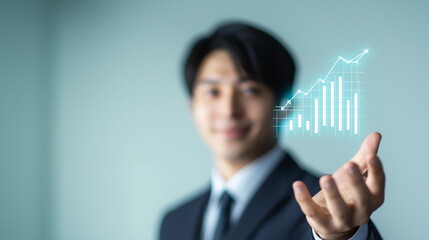右肩上がりのグラフのホログラムを片手に示したスーツを着た日本人男性の画像