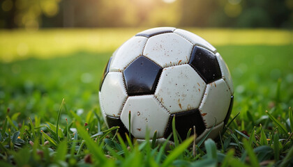 Obraz premium Soccer ball resting on green grass field