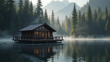 Fototapeta premium Serene Lakeside Cabin with Warm Lights Reflecting on Calm Water
