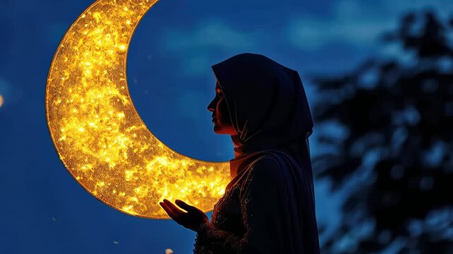 Muslim woman in hijab in front of moon crescent ramadan eid celebration