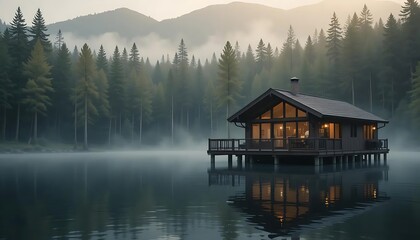 Fototapeta premium Serene Lakeside Cabin with Warm Lights Reflecting on Calm Water