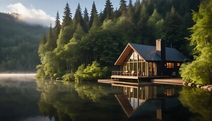 Fototapeta premium Serene Lakeside Cabin with Warm Lights Reflecting on Calm Water