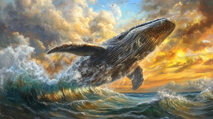 Obraz premium Dramatic Breach of a Whale with Splashes at Horizon