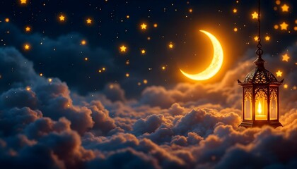 Fototapeta premium Ramadan night sky, glowing golden crescent moon and stars, ornate hanging lantern with candle decoration, Islamic holiday background