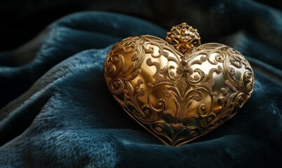 Fototapeta premium Ornate gold heart ornament adorned with intricate filigree designs, resting on a velvet cushion