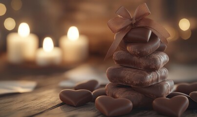Obraz premium Layers of chocolate hearts stacked elegantly, tied with mocha-hued silk ribbons, and framed by soft candlelight.