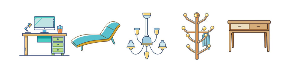 Cartoon Illustration of Home and Office Furniture - Hand-drawn illustrations of a desk, chaise lounge, chandelier, coat rack, and wooden table, arranged in a colorful and playful style.