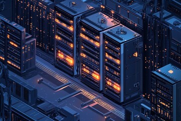 Advanced data center technology showcasing multiple server racks glowing in a modern, high-tech environment at night