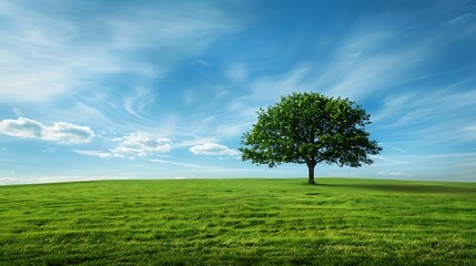 Obraz premium Green meadow and lonely tree on blue sky background. Nature composition.