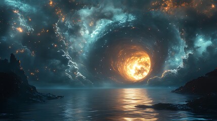 Fiery cosmic portal above dark ocean, glowing clouds, and rocky shores.