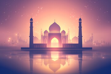 Majestic Mosque Silhouette at Sunset Over Calm Waters