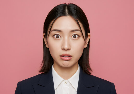 Expressive face of person conveying offended feeling, she looks visibly appalled at what she sees with wide open eyes - isolated background