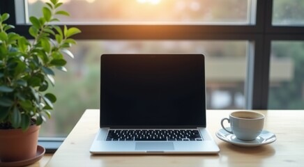 Laptop computer sitting on a table with a cup of coffee, space for text