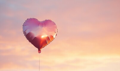 Obraz premium Heart-shaped balloon floating against a warm mocha and pink sky, soft light creating a dreamy effect.
