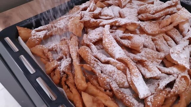 Freshly made angel wings cookies with powdered sugar, a dish for Fat Thursday