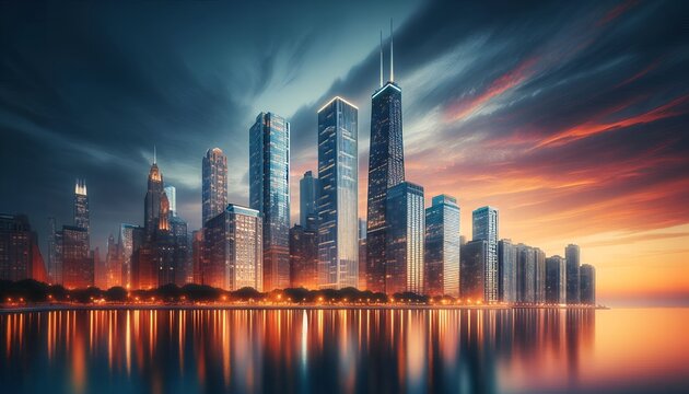 Fototapeta city skyline at sunset
