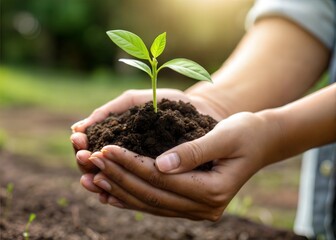 Nurturing Hands Holding Green Plant in Soil, Symbolizing Growth and Environmental Care
