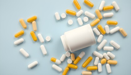 Medicine bottle, scattered pills, white and yellow tablets, pharmaceutical, light blue background, overhead view, prescription drugs, healthcare concept, medical supplies, capsules