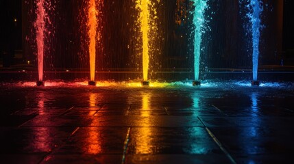 Colorful water jets fountain at night.