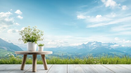 Fototapeta premium Charming Wooden Table Adorned with Colorful Flower Pot Surrounded by Natural Light Creating a Warm and Inviting Atmosphere