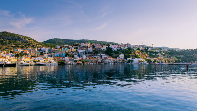 Pythagoreio, Greece - June 9, 2022: Early morning view of Pythagoreio town on Samos island, Greece