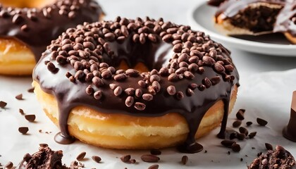 A detailed view of a chocolate-coated donut adorned with cocoa nibs, in honor of National Chocolate Covered Anything Day