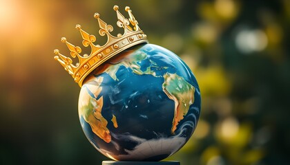 globe, Earth, golden crown, royalty, world domination, global power, planetary leadership, shiny, reflective surface, detailed continents, oceans, regal, majestic, cosmic ruler