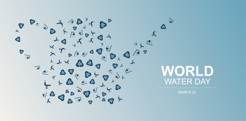 World Water Day Recycling Symbols Pattern Design. recycling symbols and plumbing icons in navy blue, arranged in a flowing pattern beside World Water Day text. World water day banner illustration
