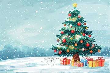 Obraz premium Christmas card illustration with a decorated Christmas tree, snow falling, and presents underneath 