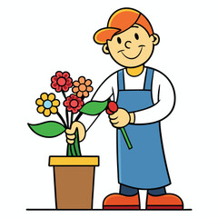 A florist placing flowers in a vase, cheerful and isolated on white background.