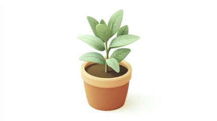 A small potted plant with green leaves against a white background.