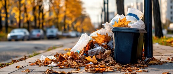 A scene depicting litter and fallen leaves beside a street, highlighting urban waste and the impact of seasonal change.