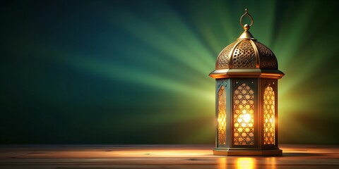 Fototapeta premium 3d illustration of Ramadan lantern right side blank. 3d Islamic Ramadan concept background with decorated lanterns and clouds on the right side of the scene with empty space for text on the left side.