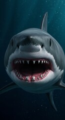 Naklejka premium Close up of face of a Great White Shark in the Ocean, Sea, Wildlife, Animal, Zoom In, Zoomed Portrait