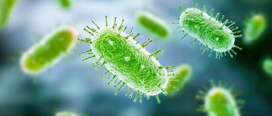 Fototapeta premium A close-up view of green bacteria, showcasing their distinct shapes and features against a blurred background, illustrating microscopic life.