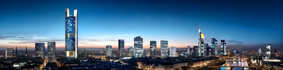 Fototapeta premium Panoramic View of Frankfurt Skyline at Night with Illuminated Buildings and Lit Riverfronts