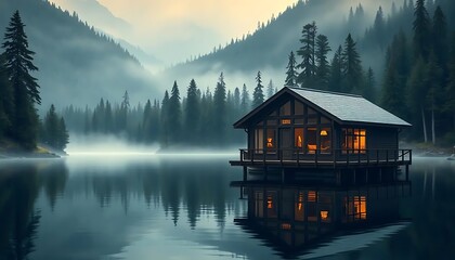 Fototapeta premium Serene Lakeside Cabin with Warm Lights Reflecting on Calm Water