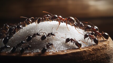 Fototapeta premium Macro shot of ants swarming on a pile of sugar granules on a wooden surface.