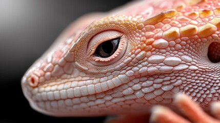 A close-up of a vibrant, textured lizard, showcasing its intricate skin patterns and expressive eye against a blurred background.