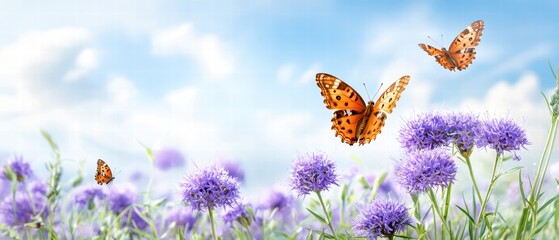 A serene scene of butterflies fluttering over vibrant purple flowers against a bright sky, capturing the beauty of nature in spring.