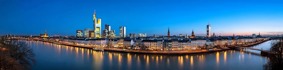 Panoramic View of Frankfurt Skyline at Night with Illuminated Buildings and Lit Riverfronts