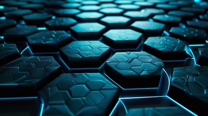 Naklejka premium Futuristic hexagonal surface glowing with neon blue light creating a technological and abstract background