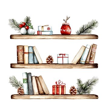 Watercolor illustration of three rustic wooden shelves decorated with books, gifts, pine cones, and Christmas greenery.