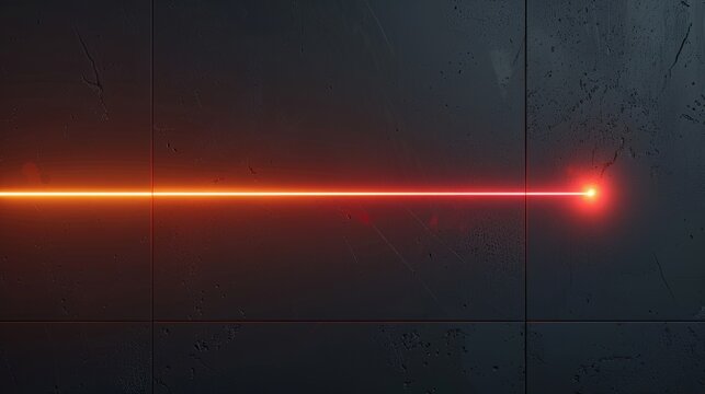 Orange laser beam racing across a dark concrete wall, creating a vibrant red dot upon impact, showcasing energy and modern technology
