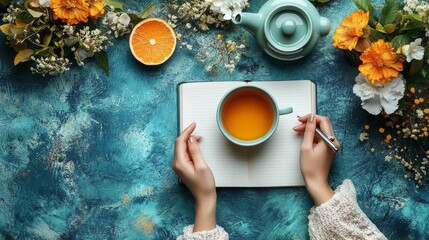 Woman's hands holding pen, writing in notebook near teacup, teapot, flowers, and orange slice on textured teal surface.