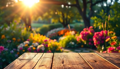 Naklejka premium Wooden table surface, Single pink flower in foreground, Blurred garden background, Golden sunlight