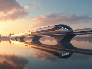 Futuristic high-speed train gliding over water serene landscape digital art dawn light a vision for modern transport