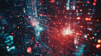 Obraz premium Abstract business team stands on the peak of success amid tall, innovative Smart city and graphs with statistics to analyze business potential and predict future developments in company growth.
