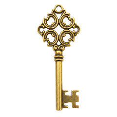 A golden key with intricate details and an antique design. png isolated background. transparent background.