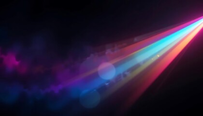 Obraz premium Vibrant colorful light leaks in right corner on dark blurred background.